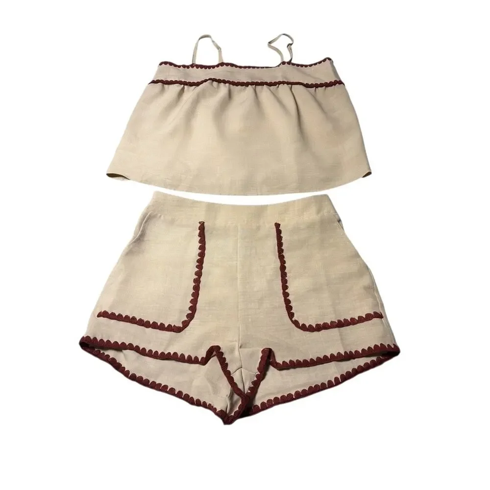 Boutique Khaki Linen Blend Tank Shorts Set Wine Trim Scallop Size M 6 Two Piece